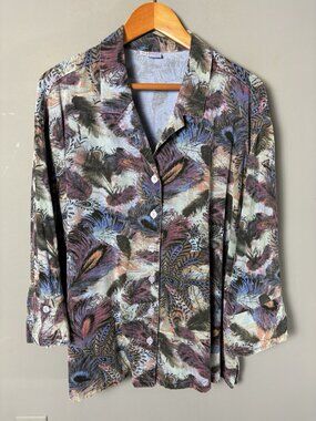 TIANELLO Womens Plus Size 1X Multicolor Feather Print Blouse Top Shirt
